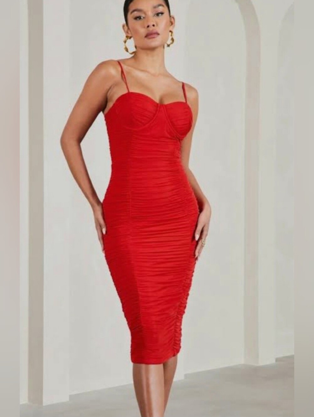 Club London Red Ruched Mesh Bodycon Dress with Spaghetti Straps